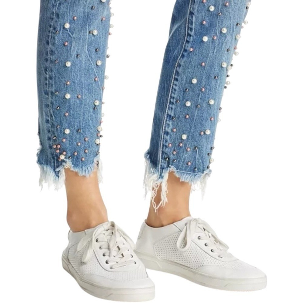 Pistola Nico Faux Pearl Embellished Distressed Skinny Raw Hem Jeans In La Lux 30
